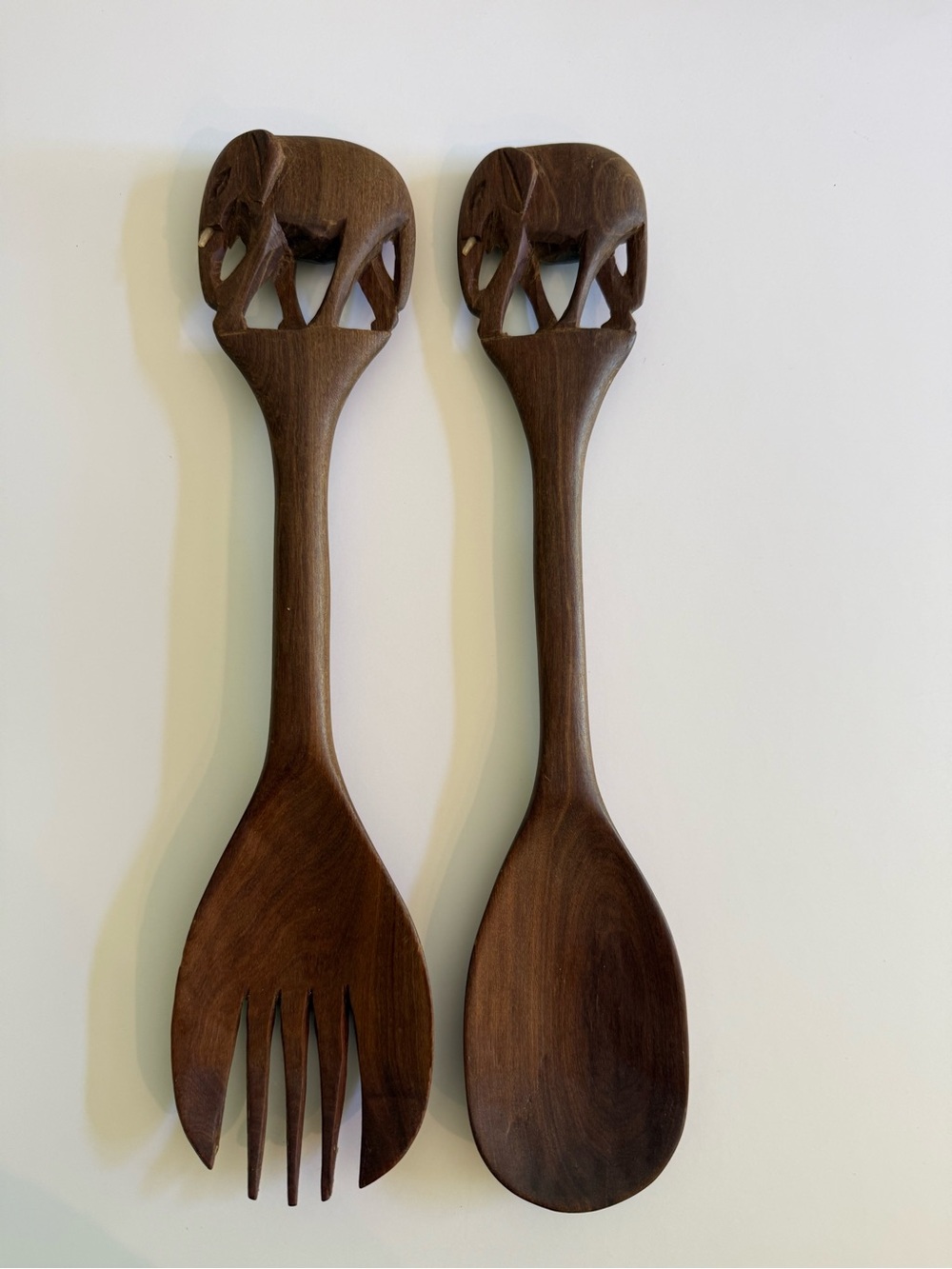 Hand-Carved Wooden Elephant Salad Servers - Dark Brown